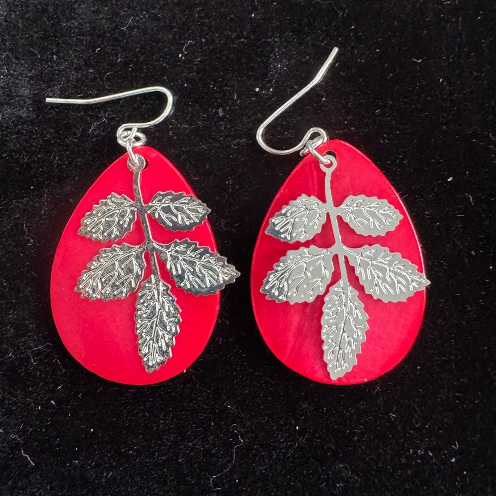 Iridescent NEW Red Resin and Silver Leaf Filigree Dangle Drop Earrings